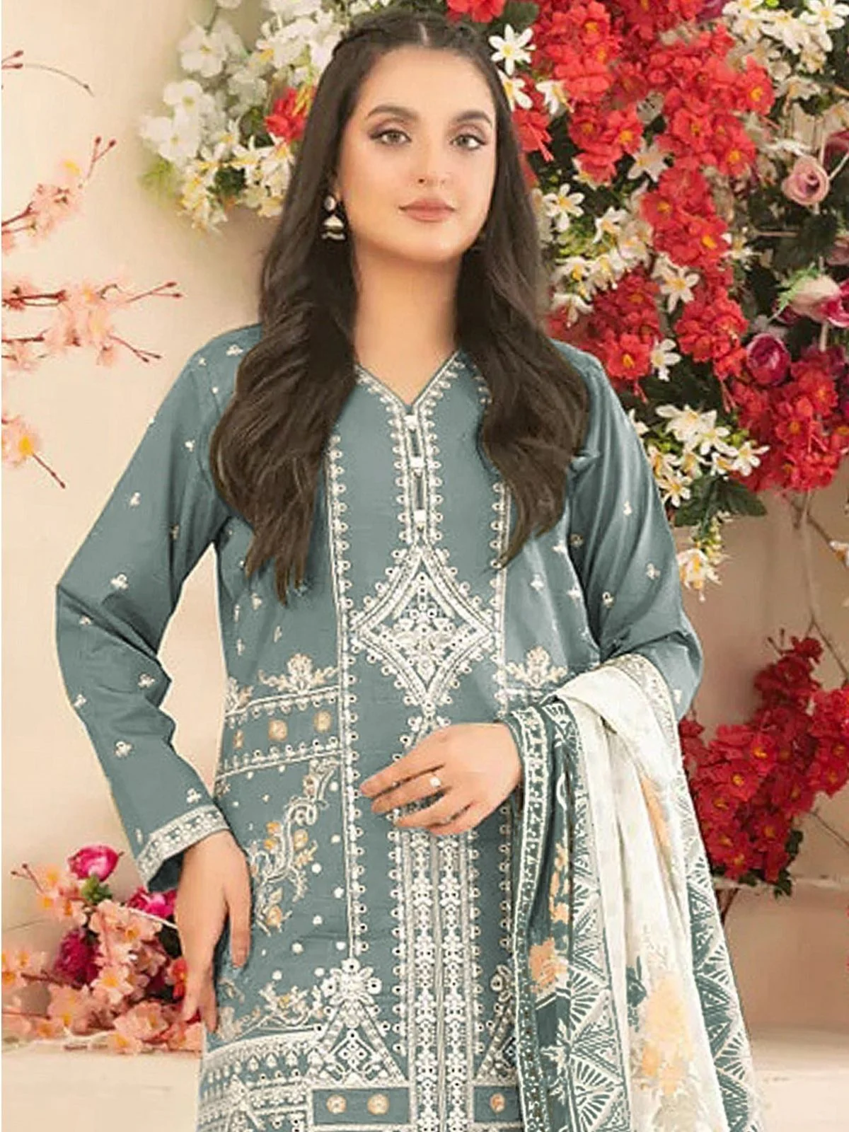 Odette Light Green Cotton Blend Embroidered Semi Stitched Kurta Set For Women - Image 2