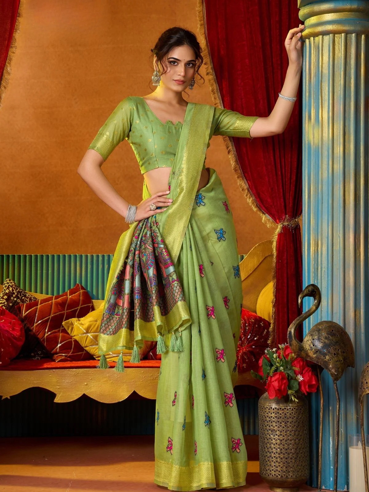 Odette Light Green Cotton Blend Printed Saree For Women - Image 3