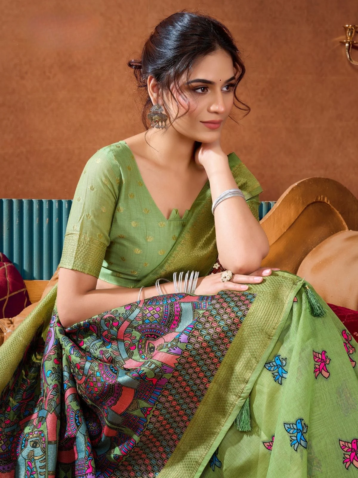 Odette Light Green Cotton Blend Printed Saree For Women - Image 5