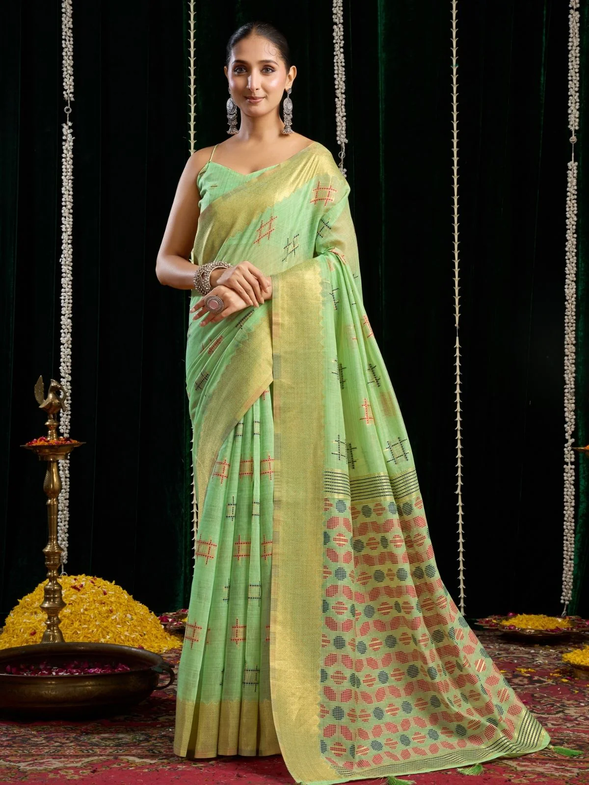 Odette Light Green Cotton Blend Woven Saree For Women