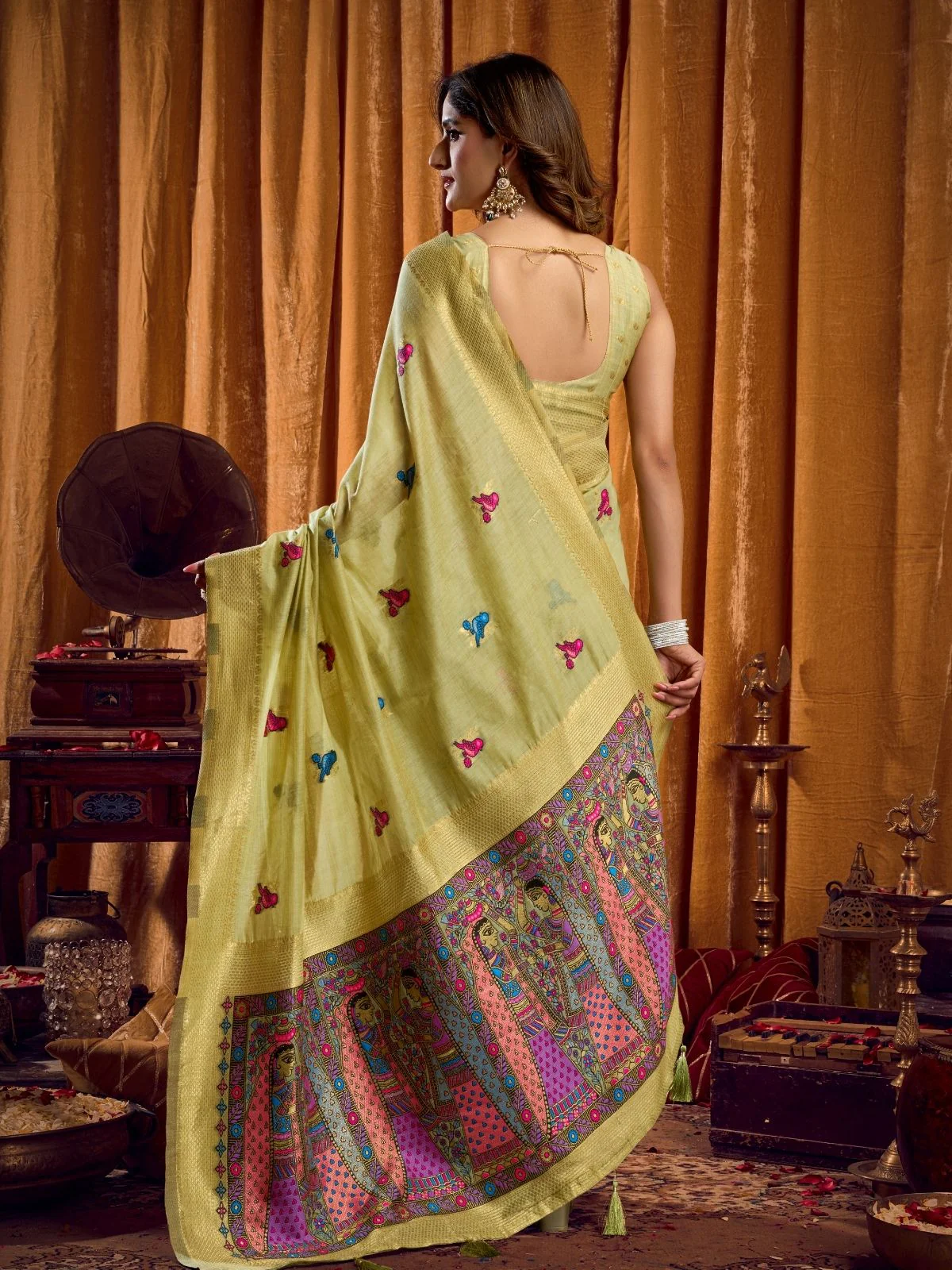 Odette Light Green Cotton Blend Woven Saree For Women - Image 4