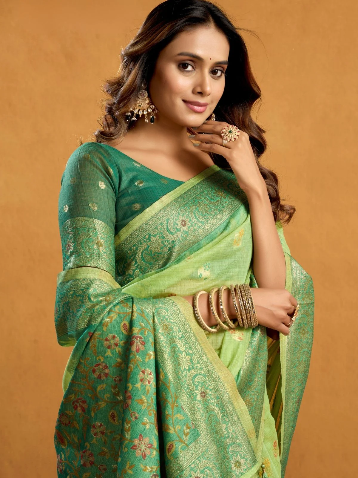 Odette Light Green Cotton Blend Woven Saree For Women - Image 5