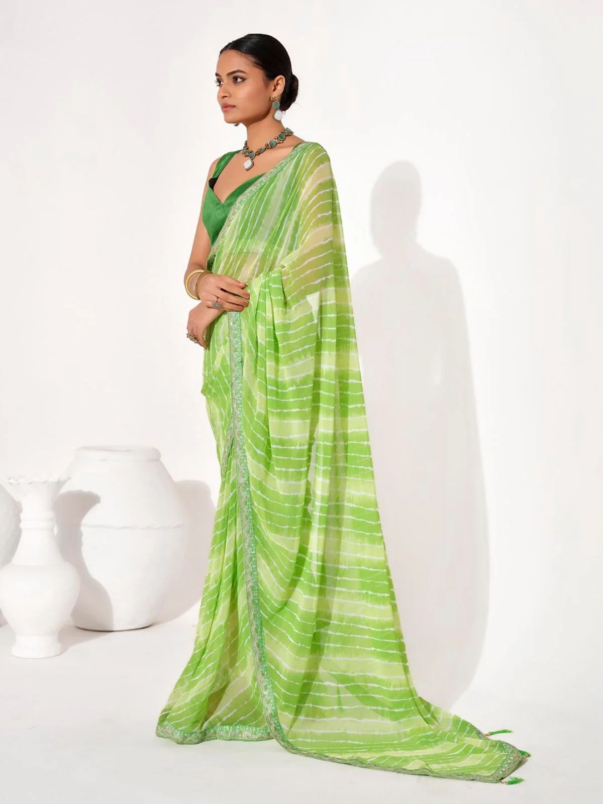 Odette Light Green Cotton Linen Embroidered Striped Saree For Women - Image 2