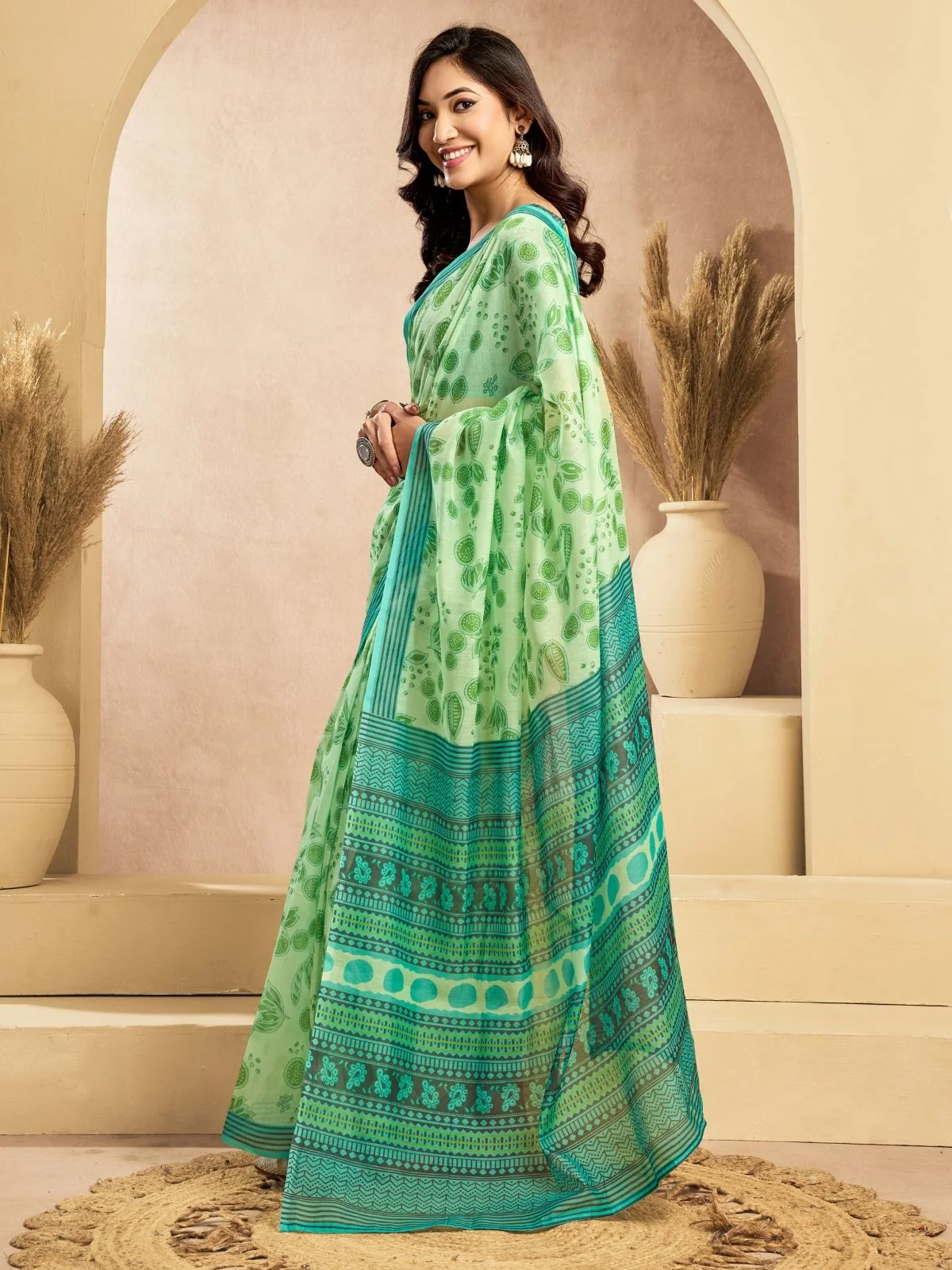 Odette Light Green Cotton Linen Zari Work Saree For Women - Image 2