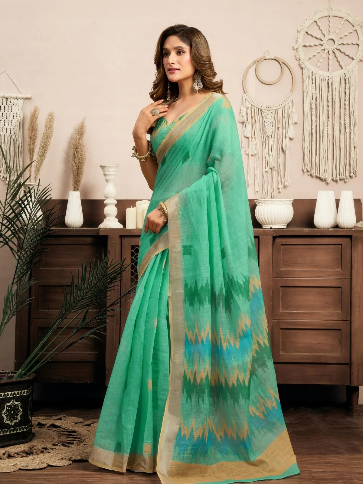 Odette Light Green Cotton Linen Zari Work Saree For Women - Image 3