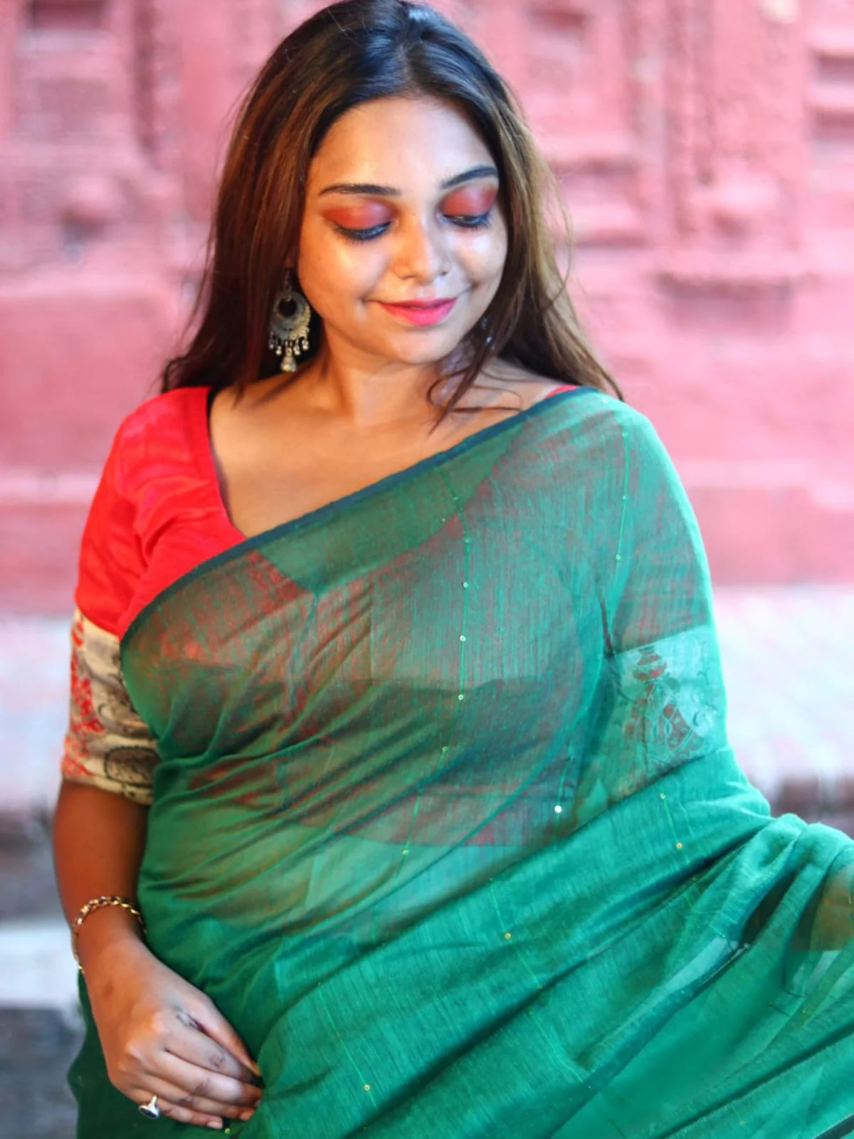 Odette Green Cotton  Saree  With Unstitched Blouse for Women - Image 5
