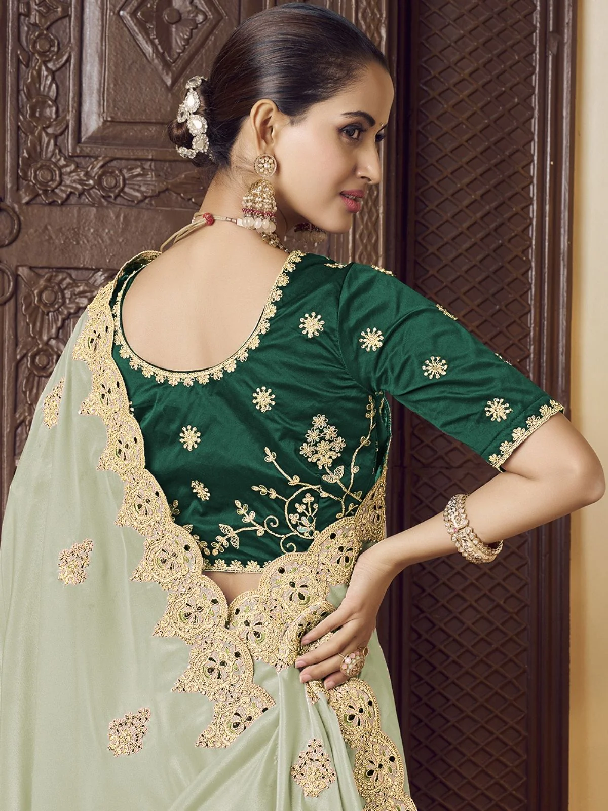 Odette Light Green Crepe Embroidered Elegant Saree For Women - Image 3