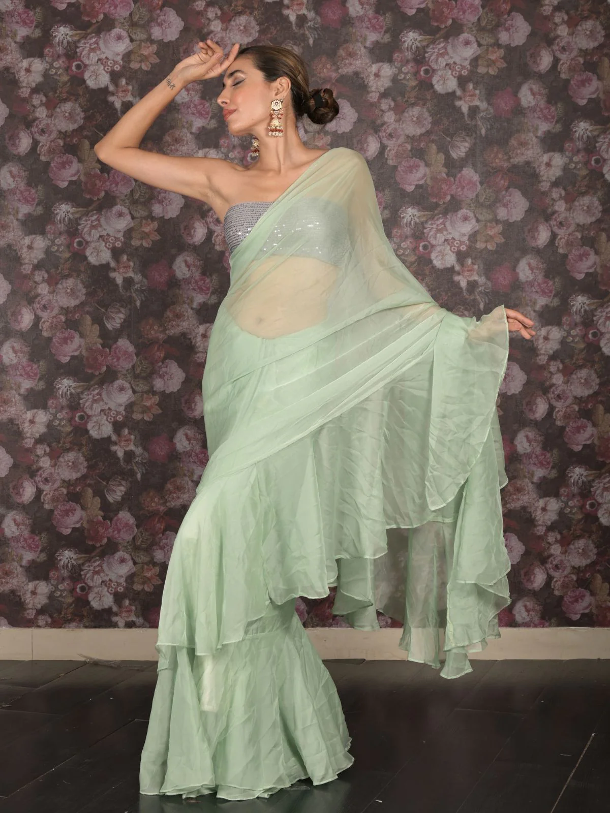 Odette Light Green Crepe Ruffles Saree with Unstitched Blouse for Women - Image 3