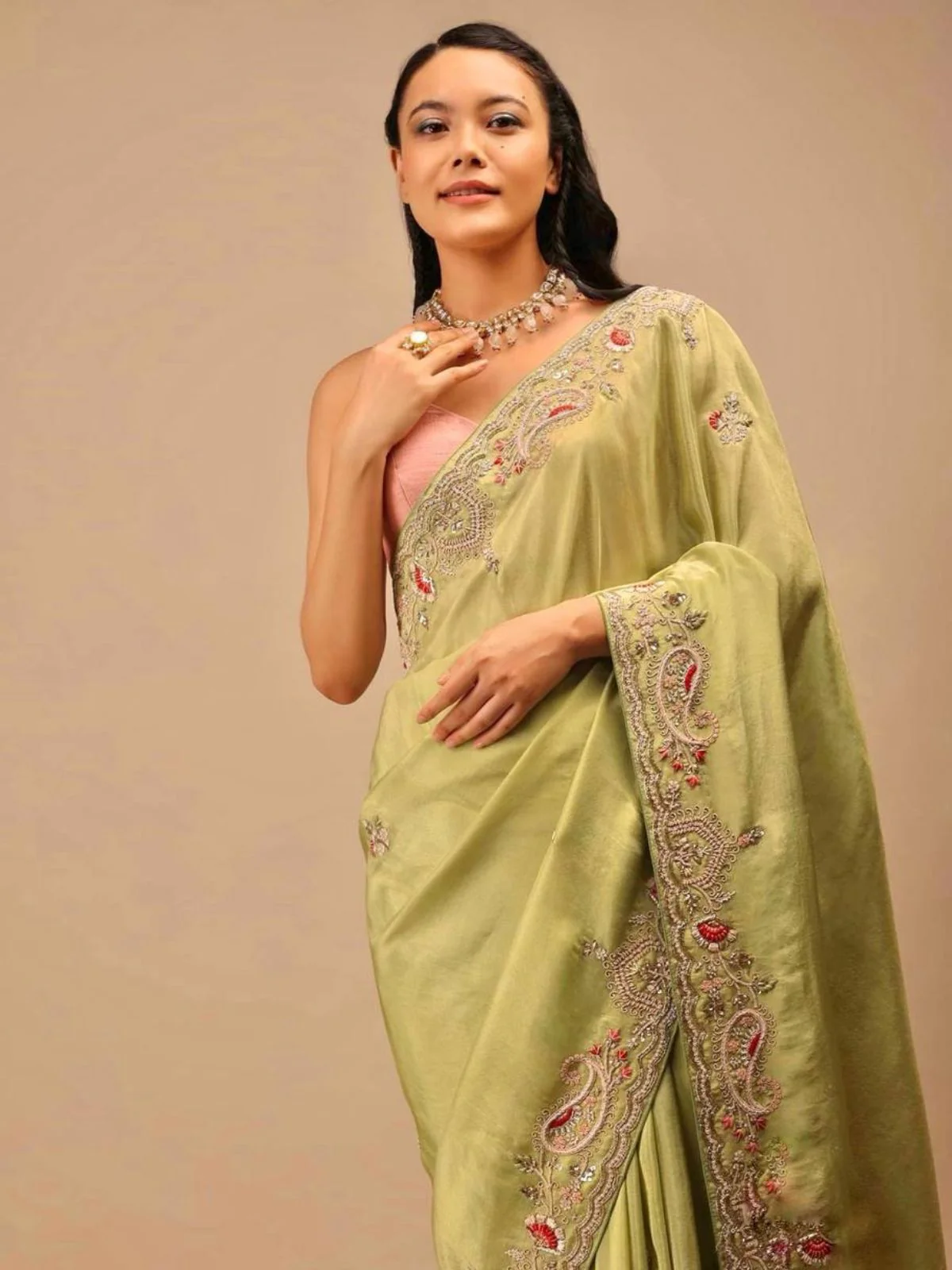 Odette Light Green Embroidered Chinnon Silk Saree With unstitched Blouse For Women - Image 3