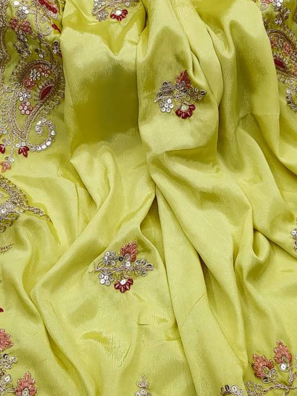 Odette Light Green Embroidered Chinnon Silk Saree With unstitched Blouse For Women - Image 5