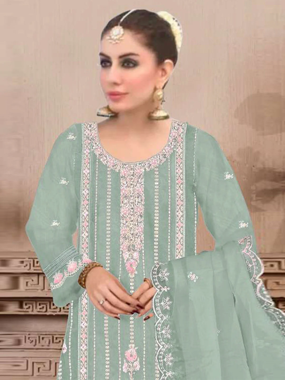 Odette Light Green Embroidered Georgette Semi Stitched Kurta Set With Dupatta For Women - Image 2
