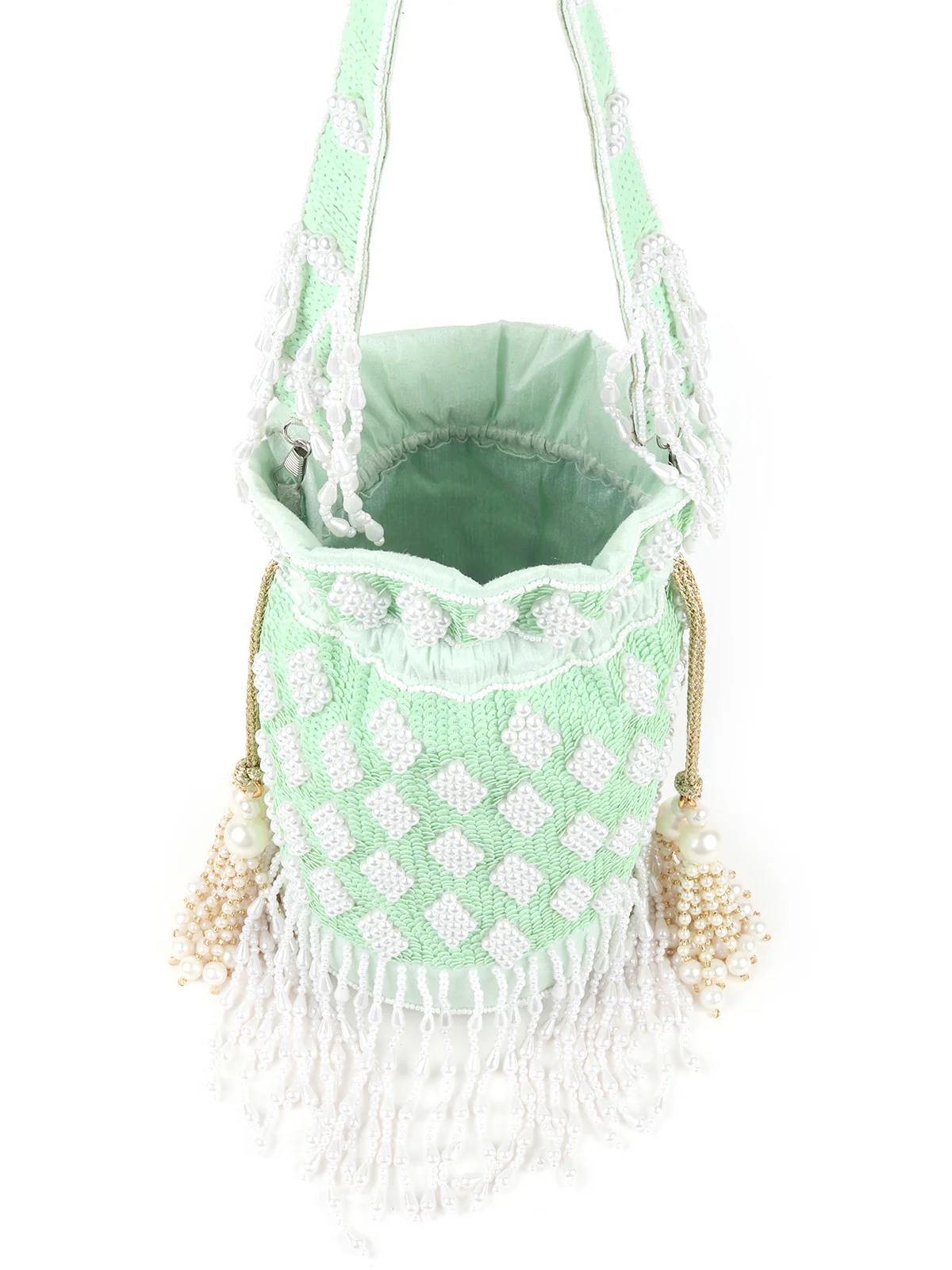 Odette Light Green Embroidered Potli Bag For Women - Image 6