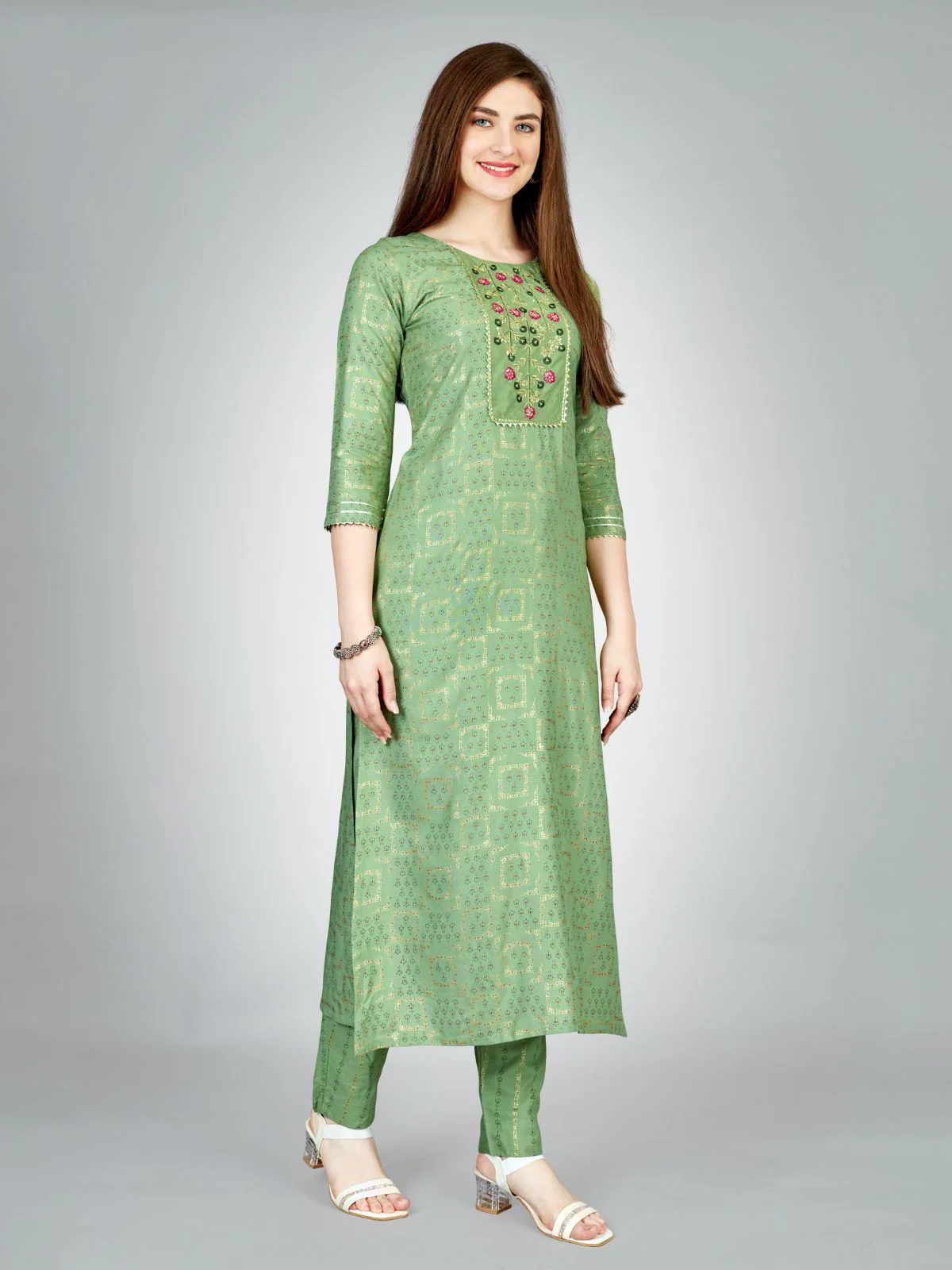 Odette Light Green Embroidered Rayon Stitched Kurta Set For Women - Image 3