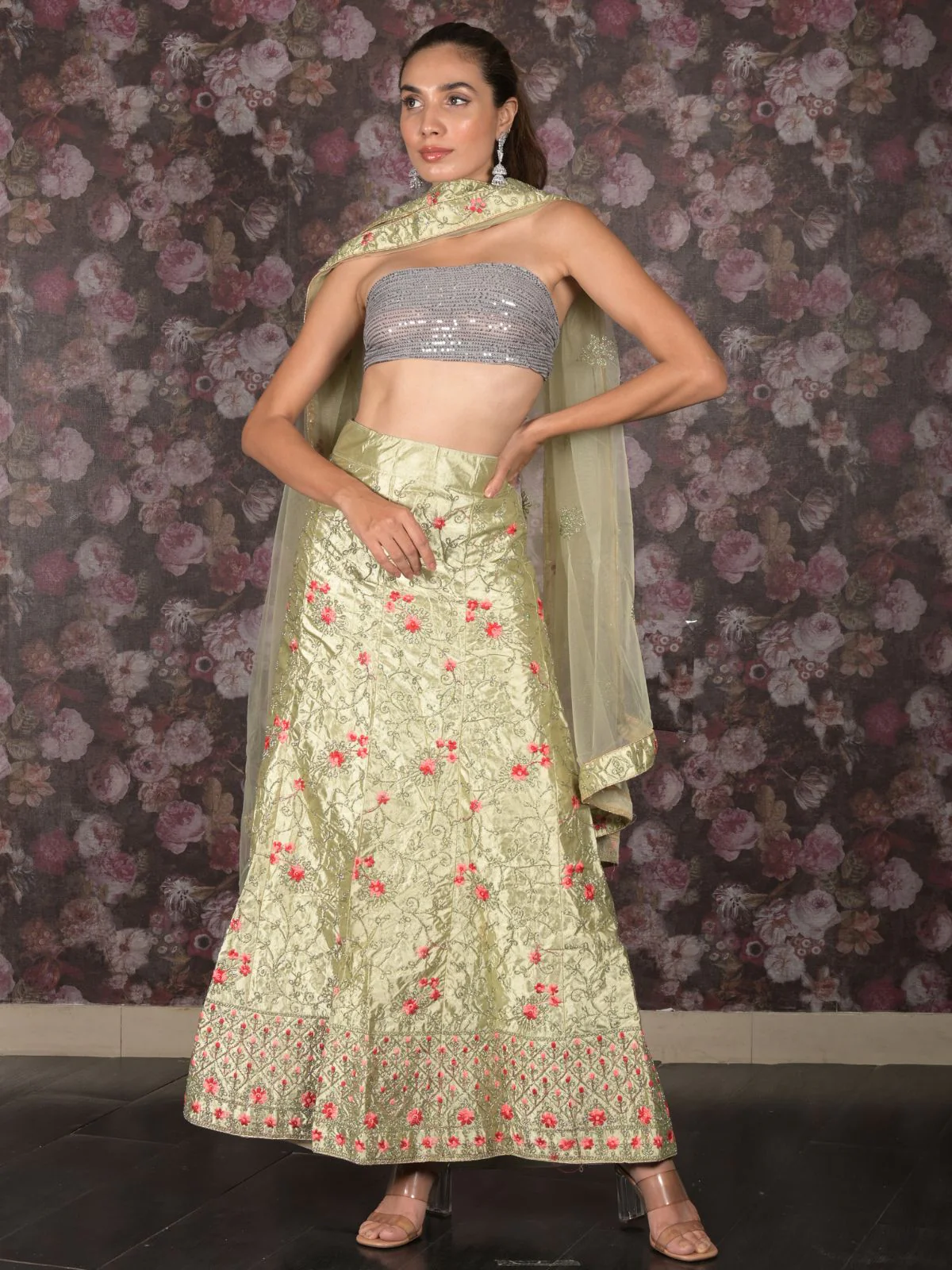 Odette Light Green Embroidered Semi Stitched Lehenga with Unstitched Blouse And Dupatta For Women - Image 2