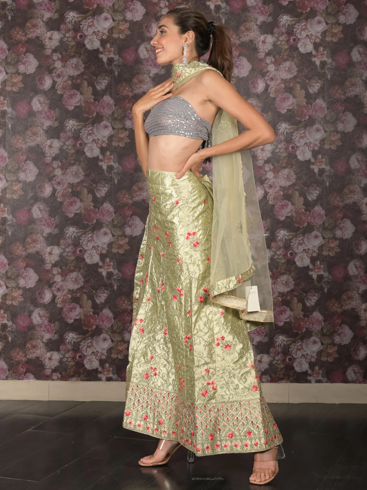 Odette Light Green Embroidered Semi Stitched Lehenga with Unstitched Blouse And Dupatta For Women - Image 3