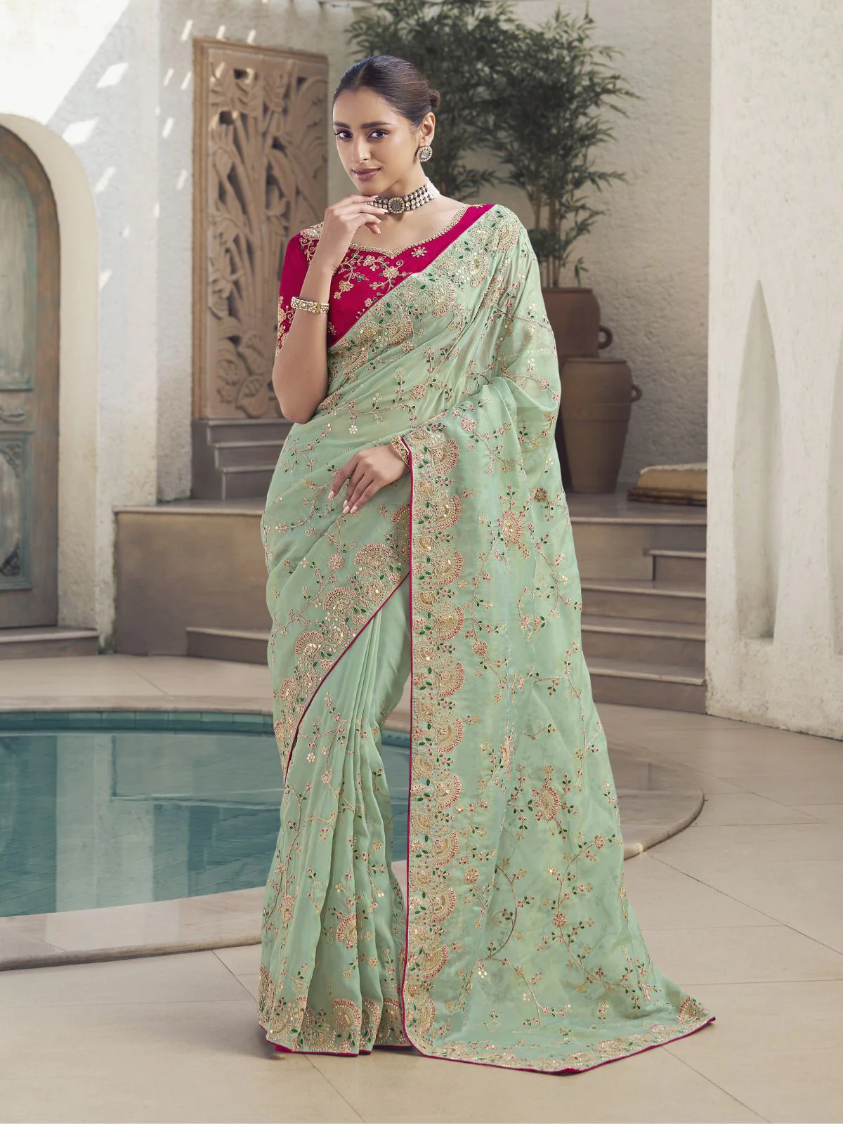 Odette Light Green Embroidered Silk Blend Saree With Unstitched Blouse For Women