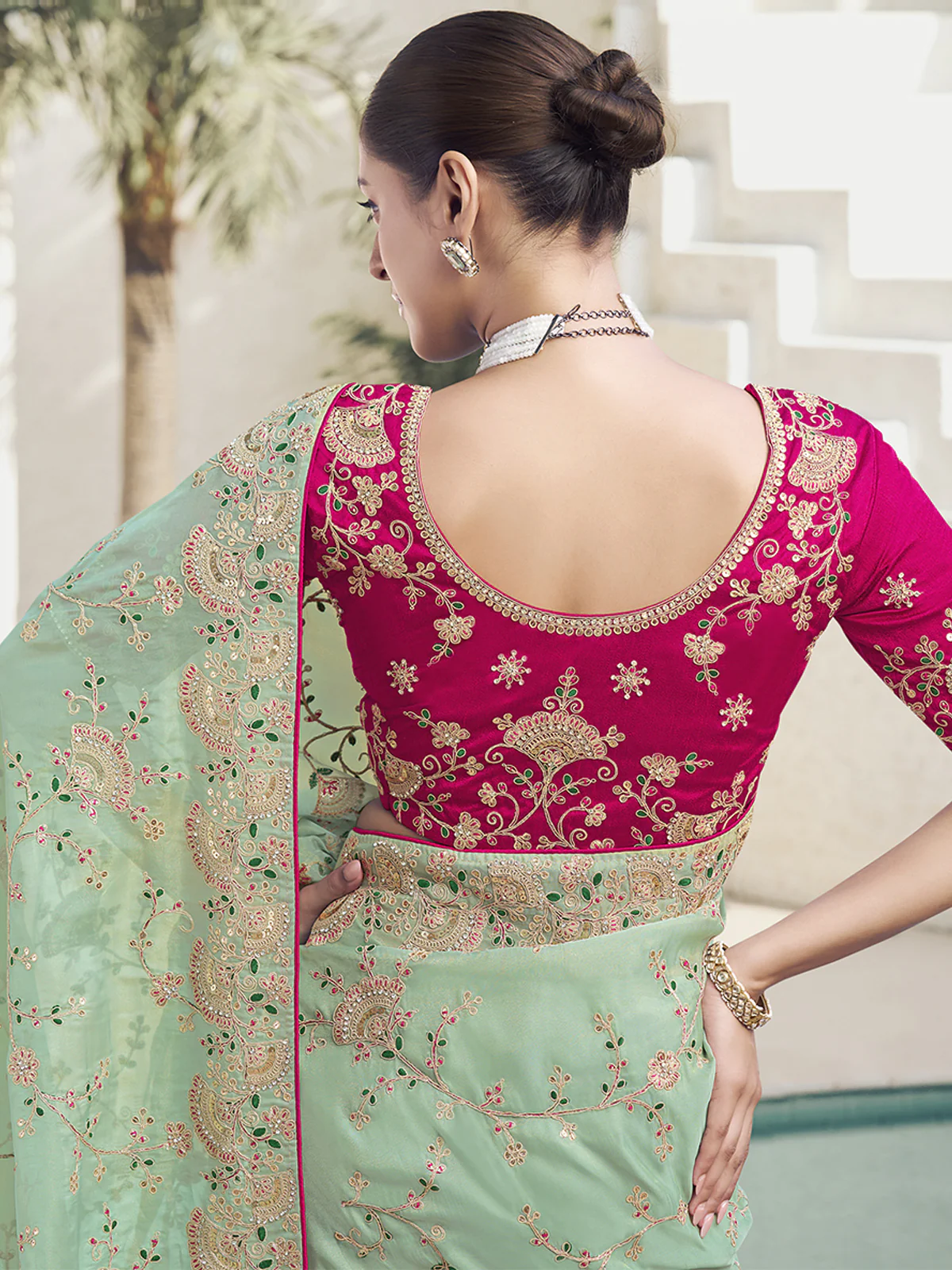 Odette Light Green Embroidered Silk Blend Saree With Unstitched Blouse For Women - Image 3