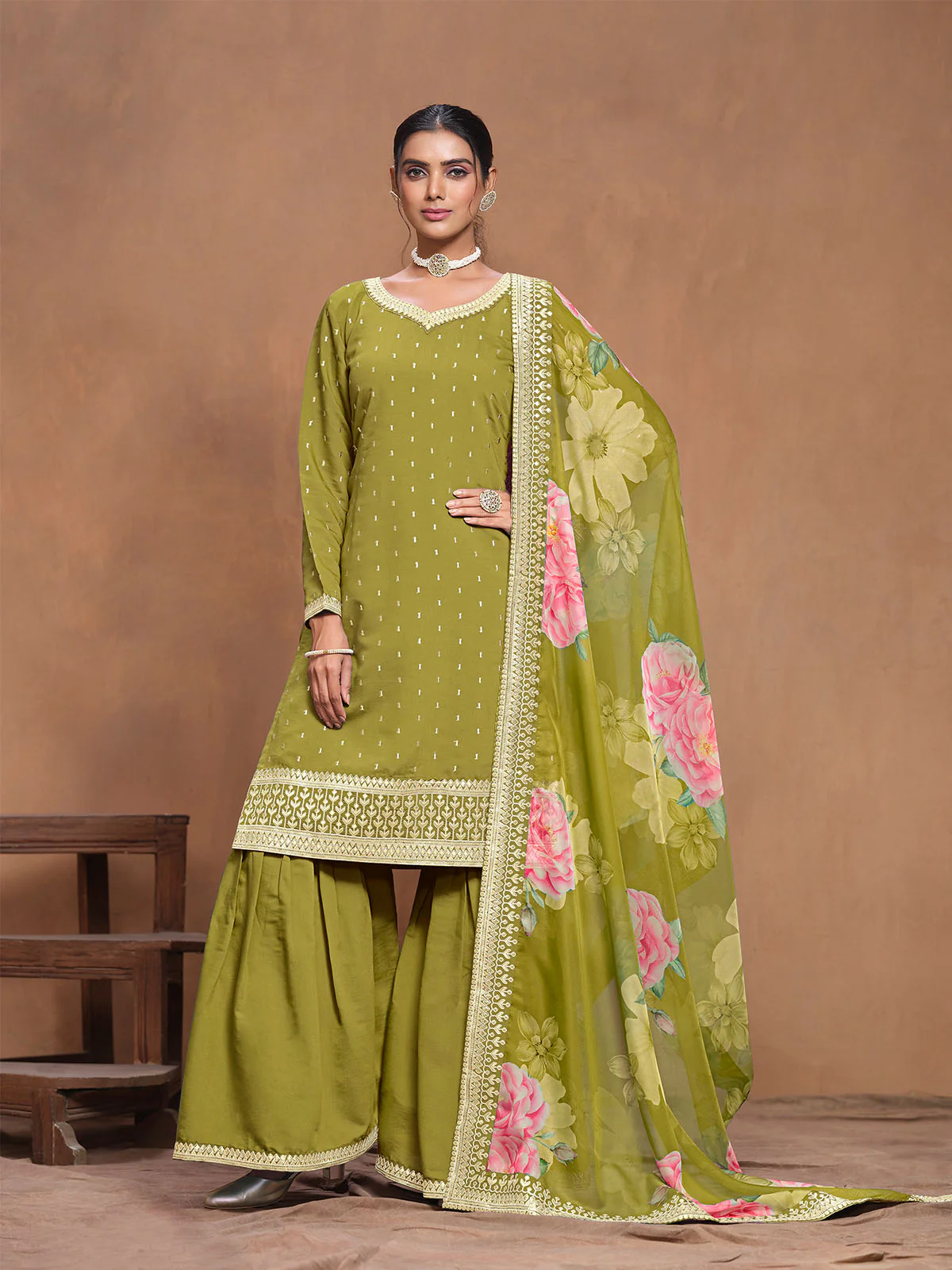 Odette Light Green Embroidered Silk Blend Semi Stitched Kurta Set For Women