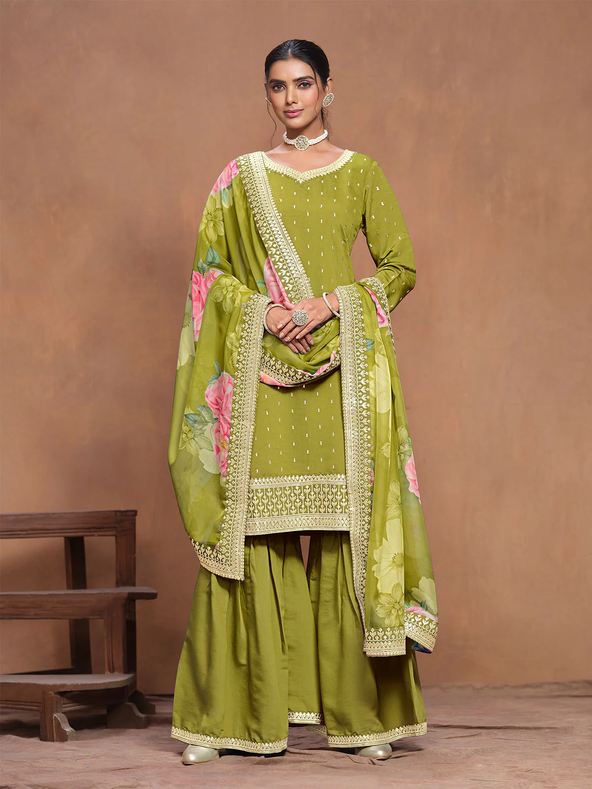 Odette Light Green Embroidered Silk Blend Semi Stitched Kurta Set For Women - Image 2