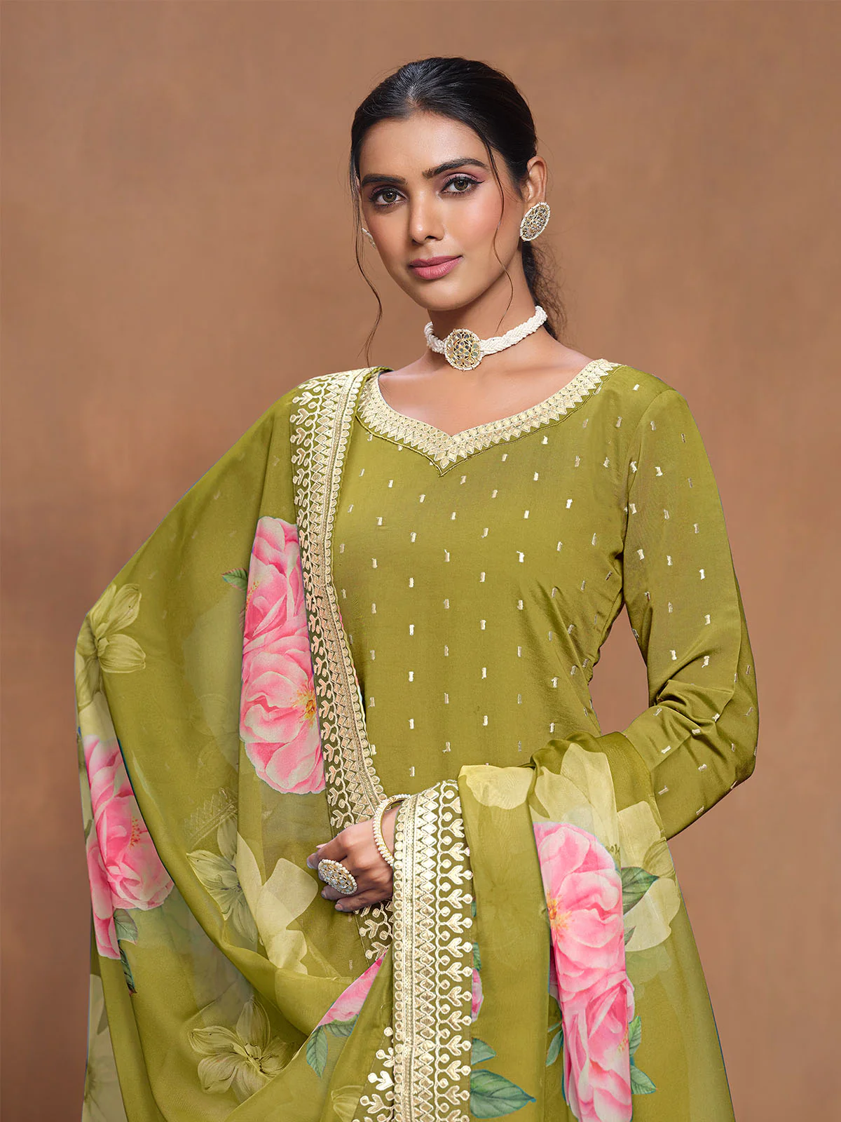 Odette Light Green Embroidered Silk Blend Semi Stitched Kurta Set For Women - Image 4
