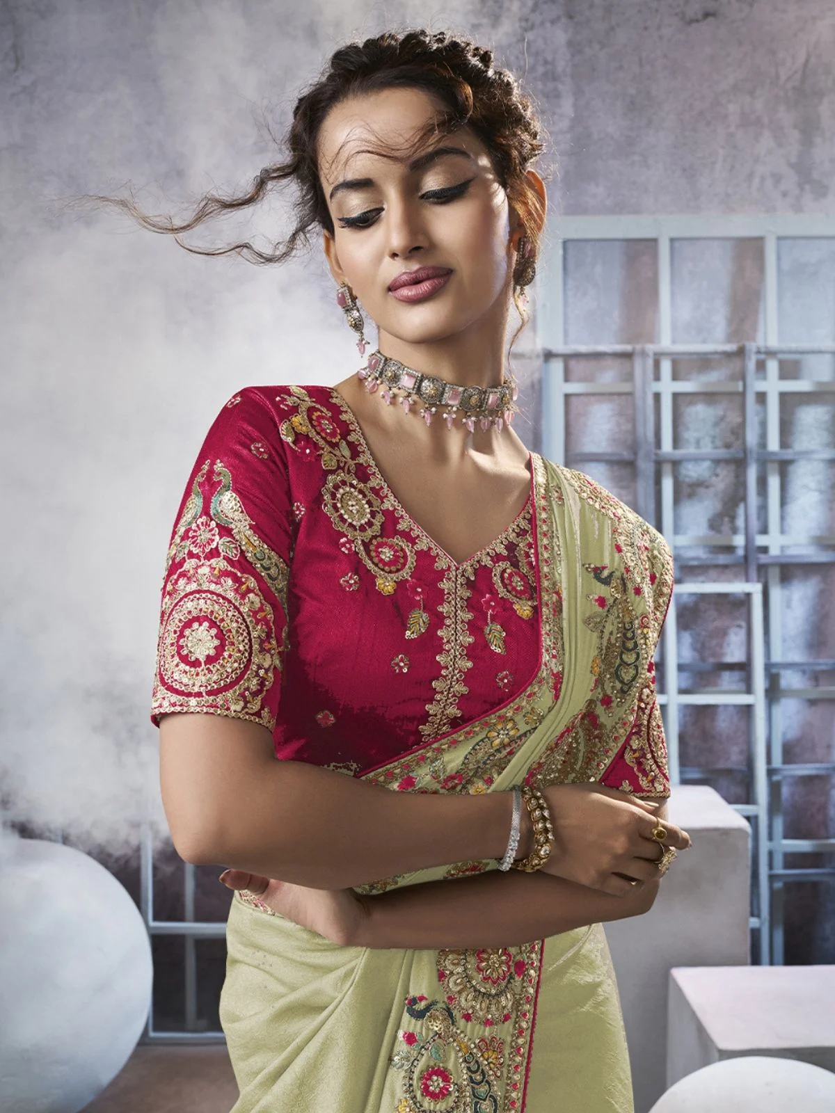 Odette Light Green Georgette Crush Embroidered Elegant Saree For Women - Image 3