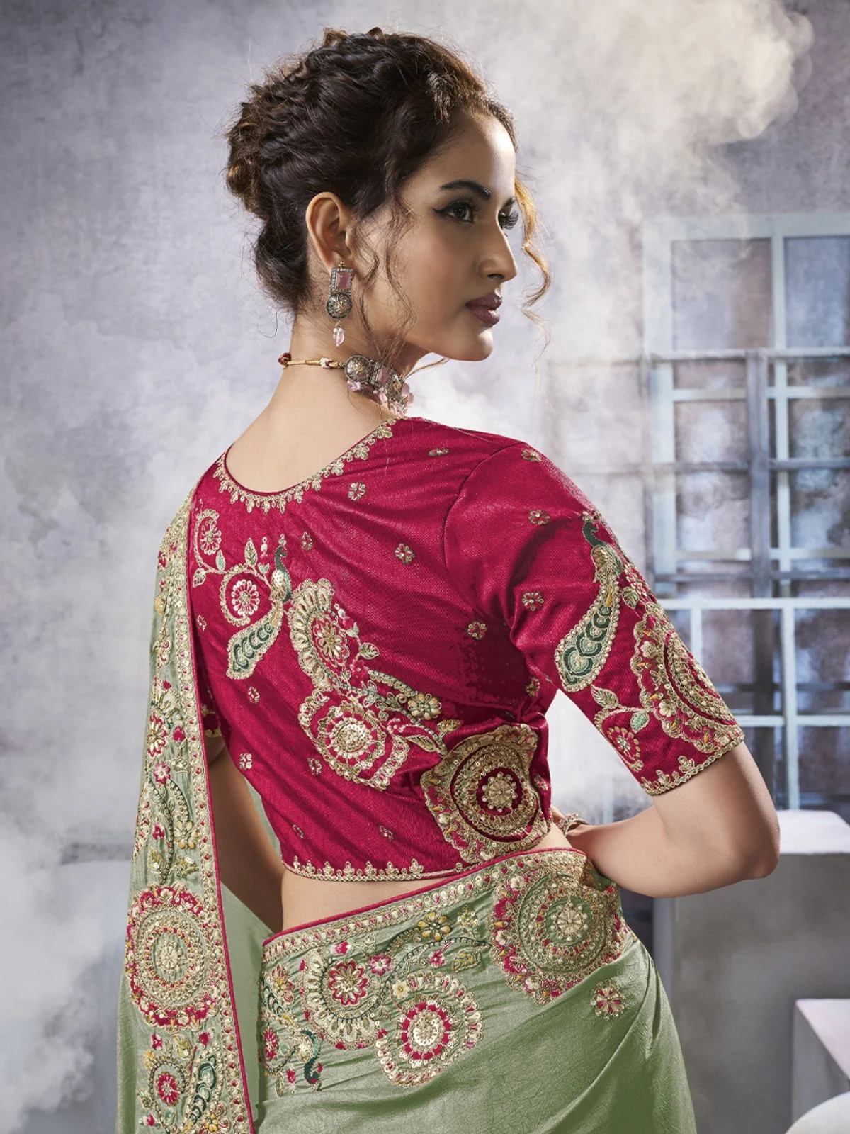 Odette Light Green Georgette Crush Embroidered Elegant Saree For Women - Image 2