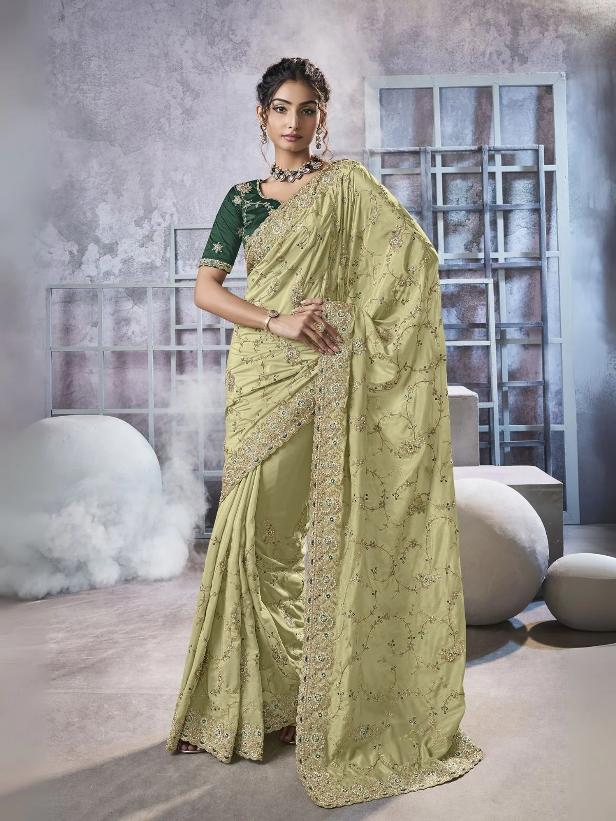 Odette Light Green Georgette Embellished Elegant Saree For Women