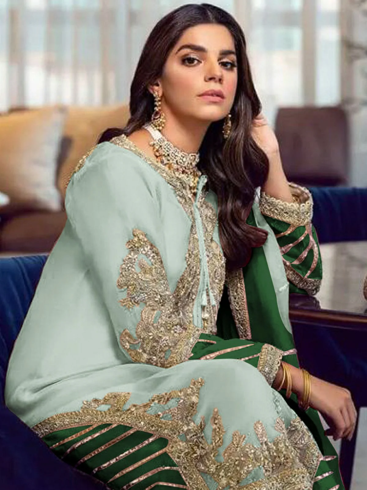 Odette Light Green Georgette Embellished Semi stitched Kurta Set For Women - Image 2