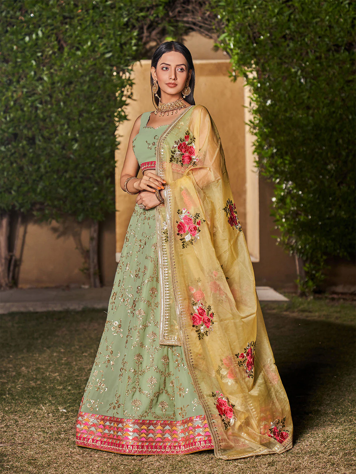 Odette Light Green Georgette Embellished Semi Stitched Lehenga With Unstitched Blouse For Women - Image 2