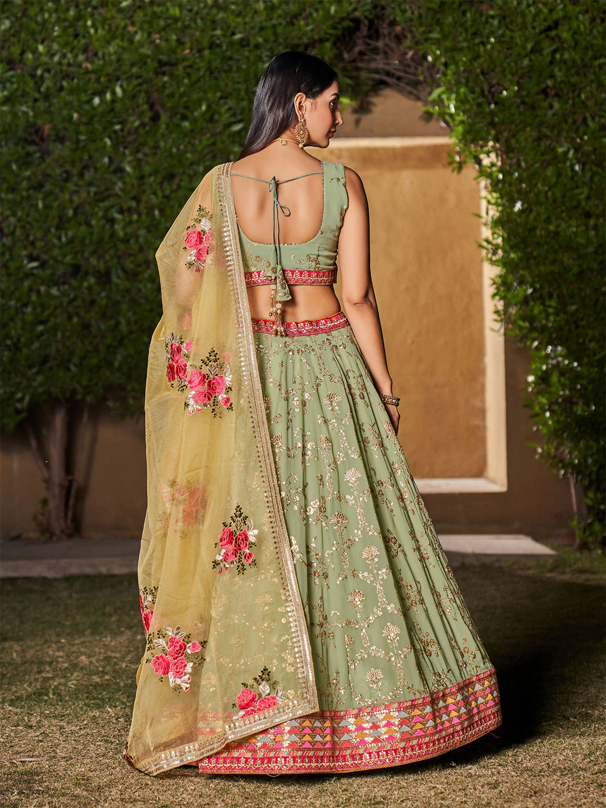 Odette Light Green Georgette Embellished Semi Stitched Lehenga With Unstitched Blouse For Women - Image 3
