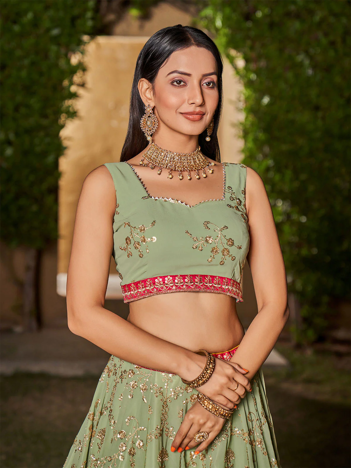 Odette Light Green Georgette Embellished Semi Stitched Lehenga With Unstitched Blouse For Women - Image 4