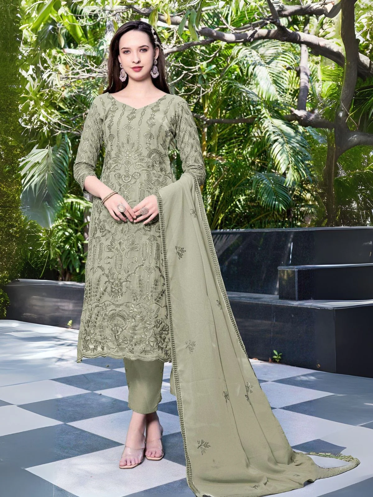 Odette Light Green Georgette Embroidered & Cutwork Semi-Sitched Kurta Set For Women