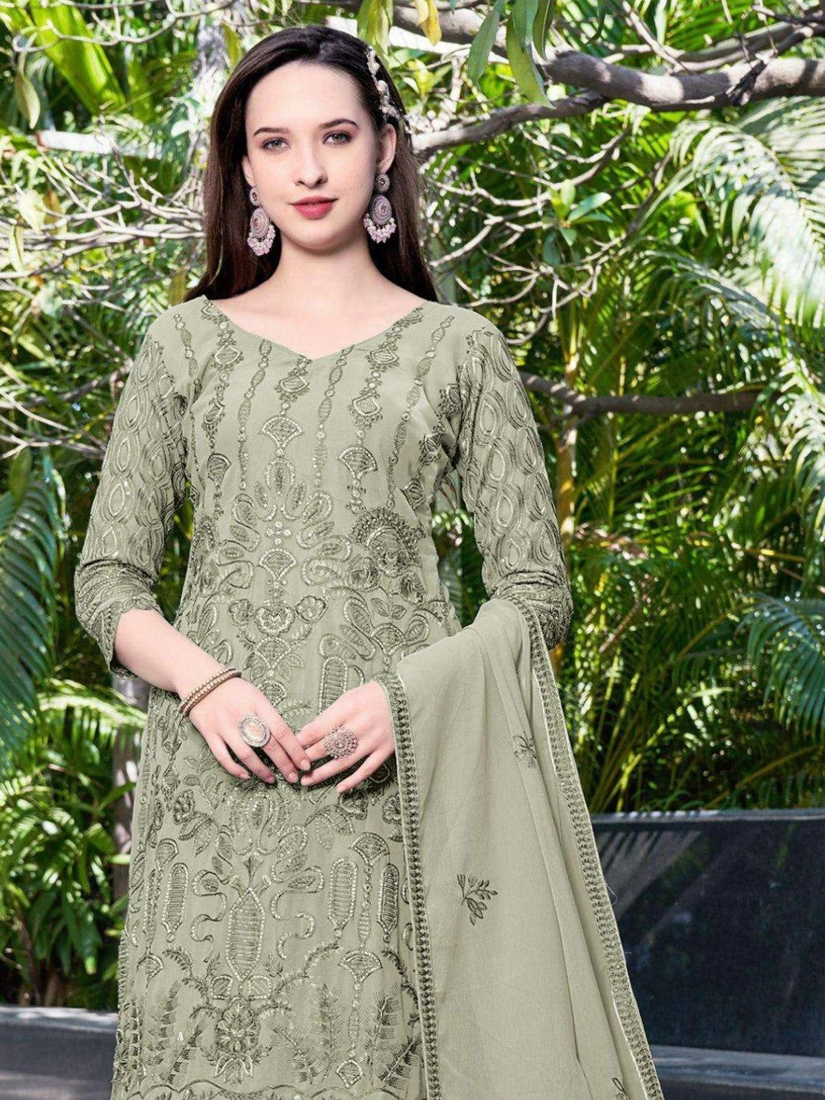 Odette Light Green Georgette Embroidered & Cutwork Semi-Sitched Kurta Set For Women - Image 2