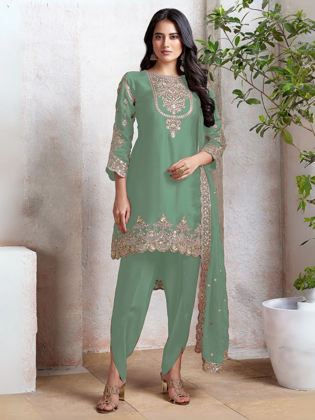 Odette Light Green Georgette Embroidered & Cutwork Semi-Sitched Kurta Set For Women