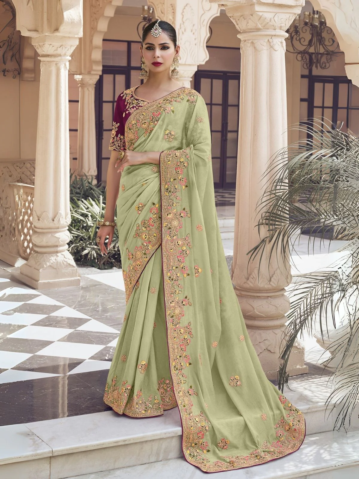 Odette Light Green Georgette Embroidered Elegant Saree For Women