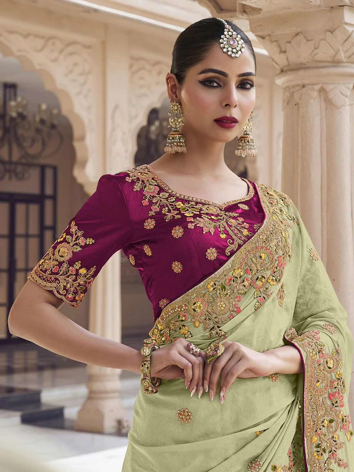 Odette Light Green Georgette Embroidered Elegant Saree For Women - Image 3