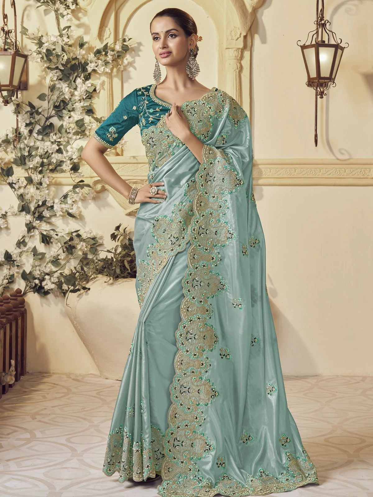 Odette Light Green Georgette Embroidered Elegant Saree For Women