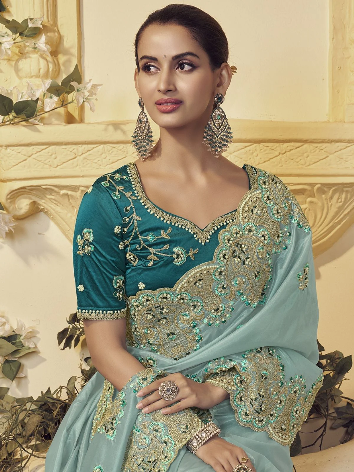 Odette Light Green Georgette Embroidered Elegant Saree For Women - Image 2