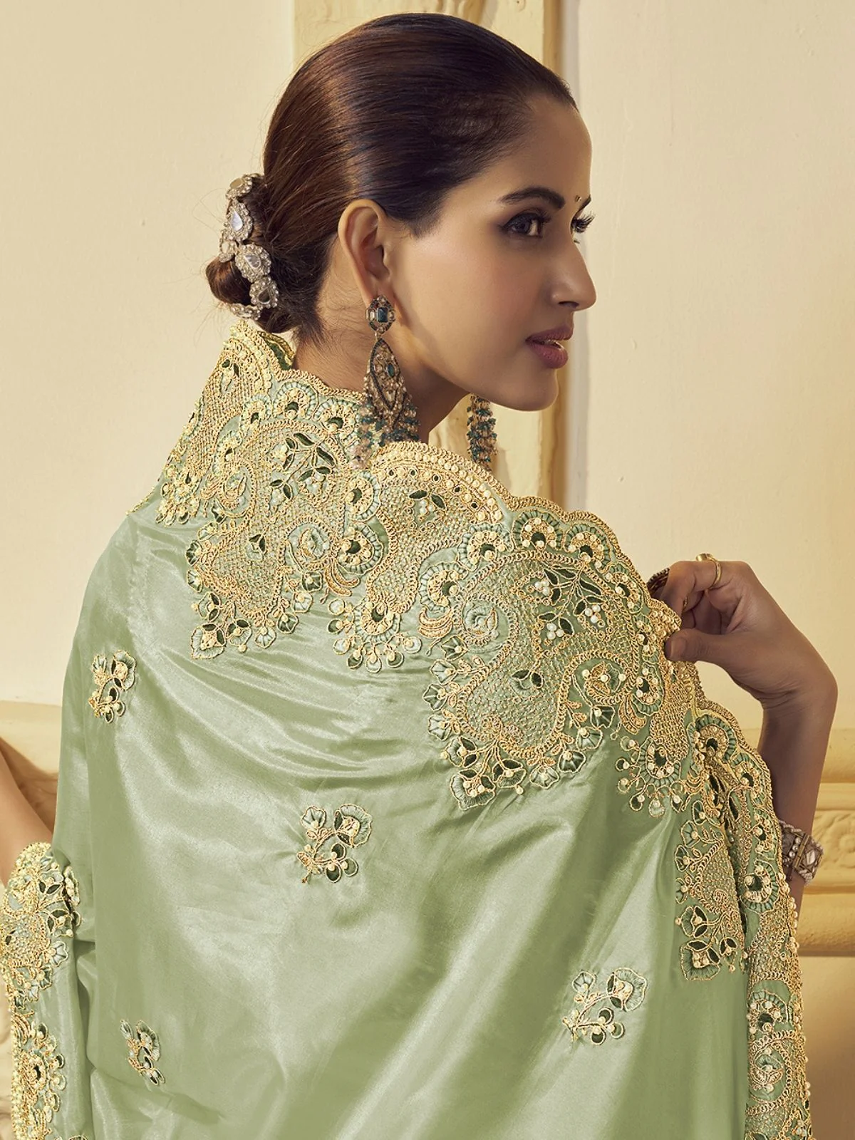Odette Light Green Georgette Embroidered Elegant Saree For Women - Image 2