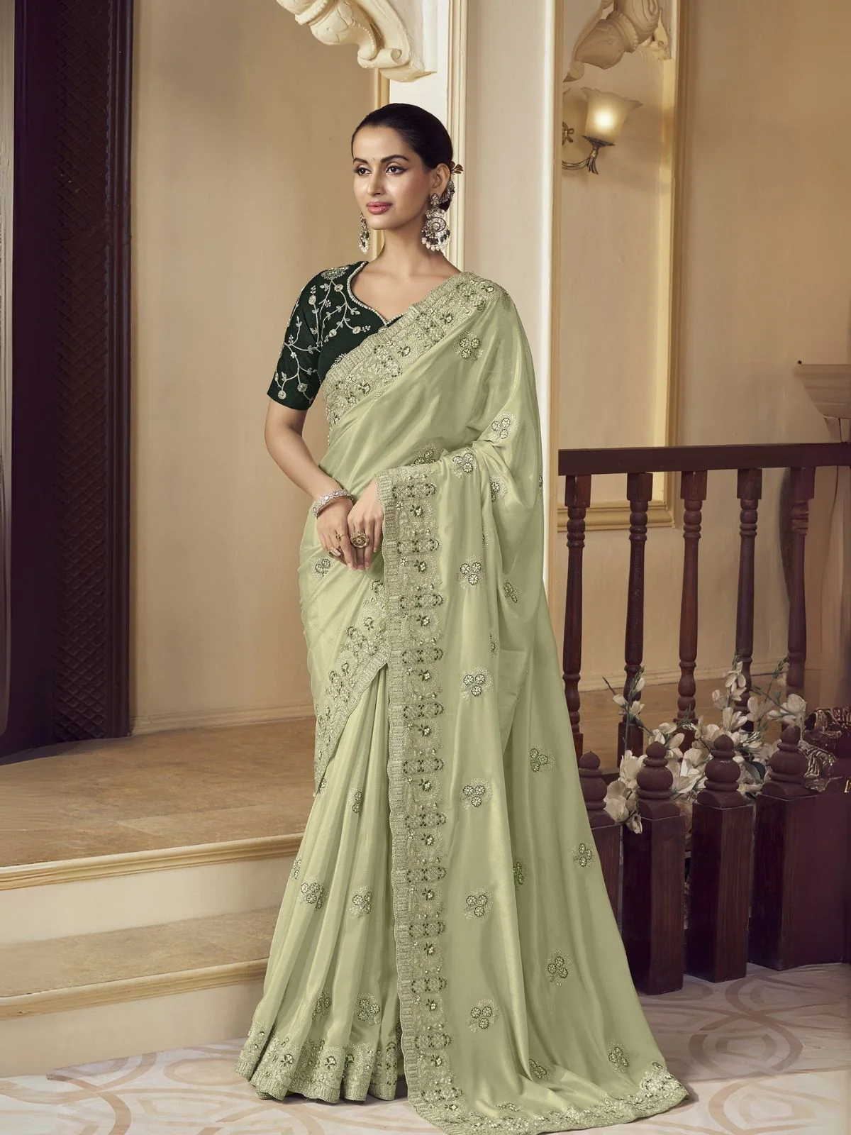 Odette Light Green Georgette Embroidered Elegant Saree For Women