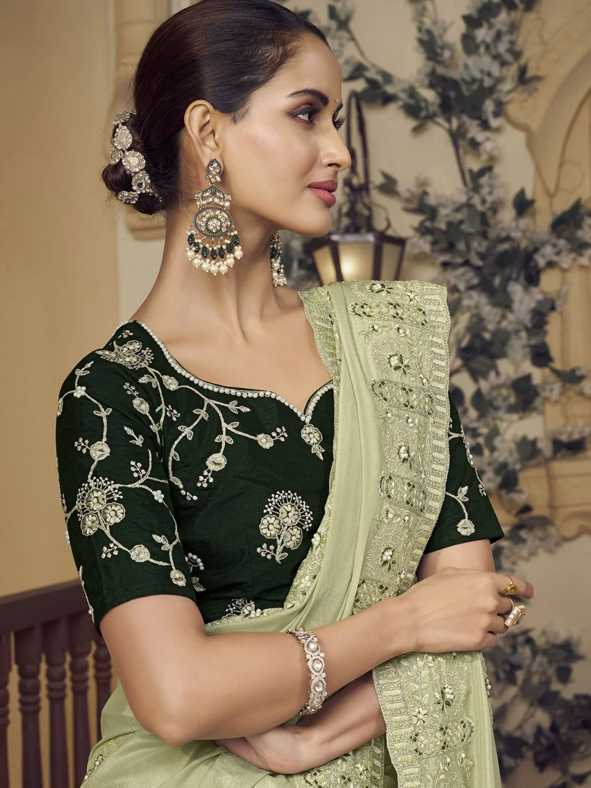 Odette Light Green Georgette Embroidered Elegant Saree For Women - Image 3