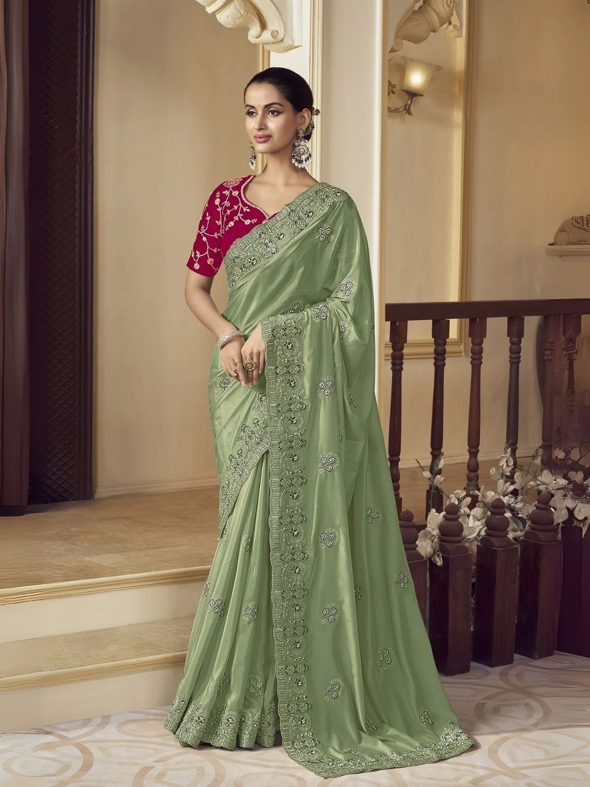 Odette Light Green Georgette Embroidered Elegant Saree For Women