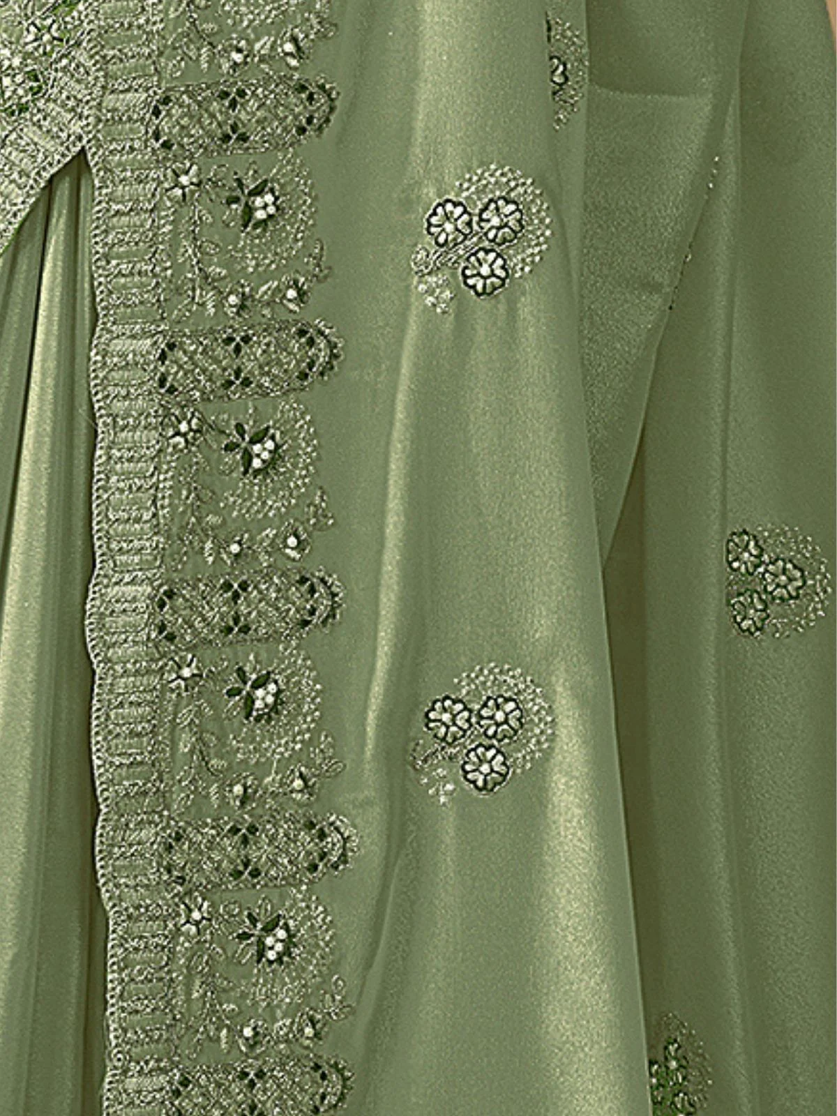 Odette Light Green Georgette Embroidered Elegant Saree For Women - Image 4