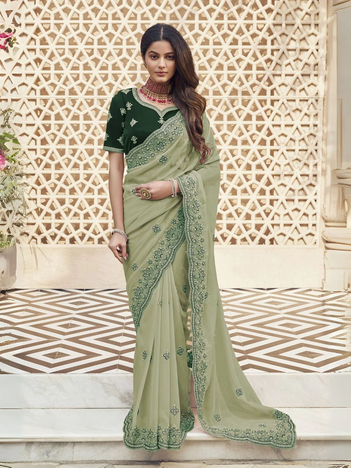 Odette Light Green Georgette Embroidered Elegant Saree For Women