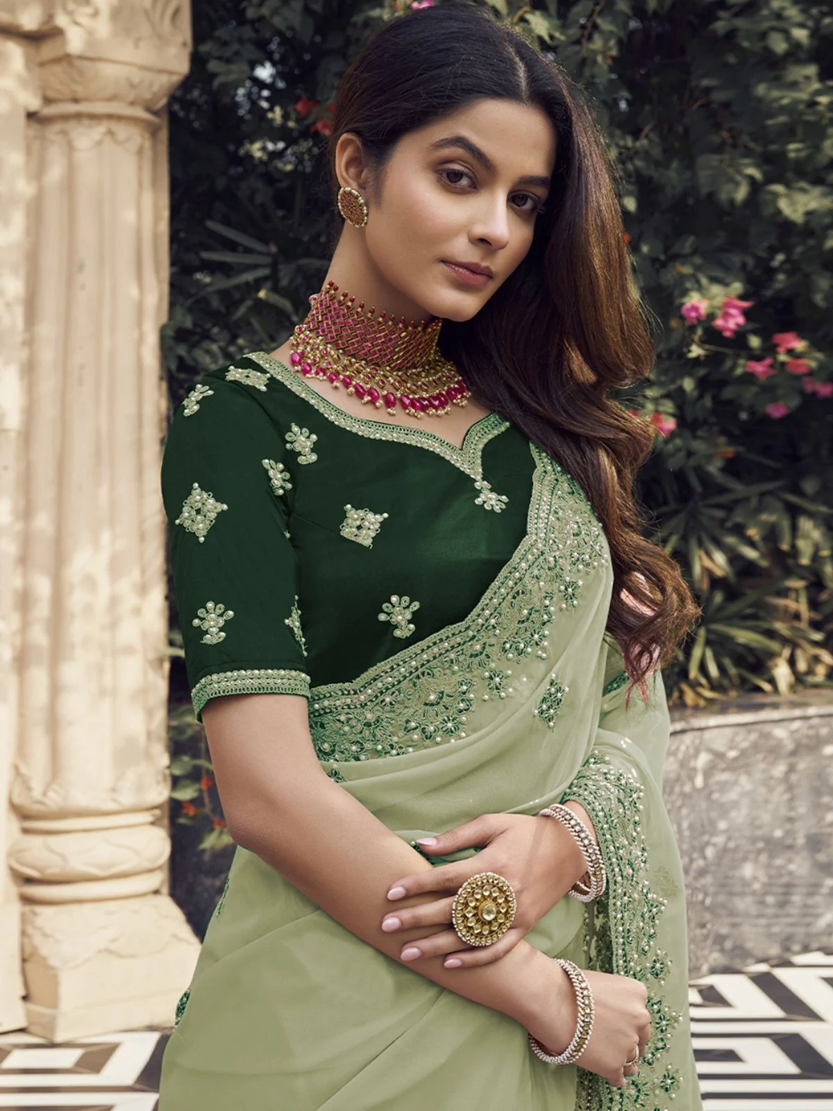 Odette Light Green Georgette Embroidered Elegant Saree For Women - Image 3