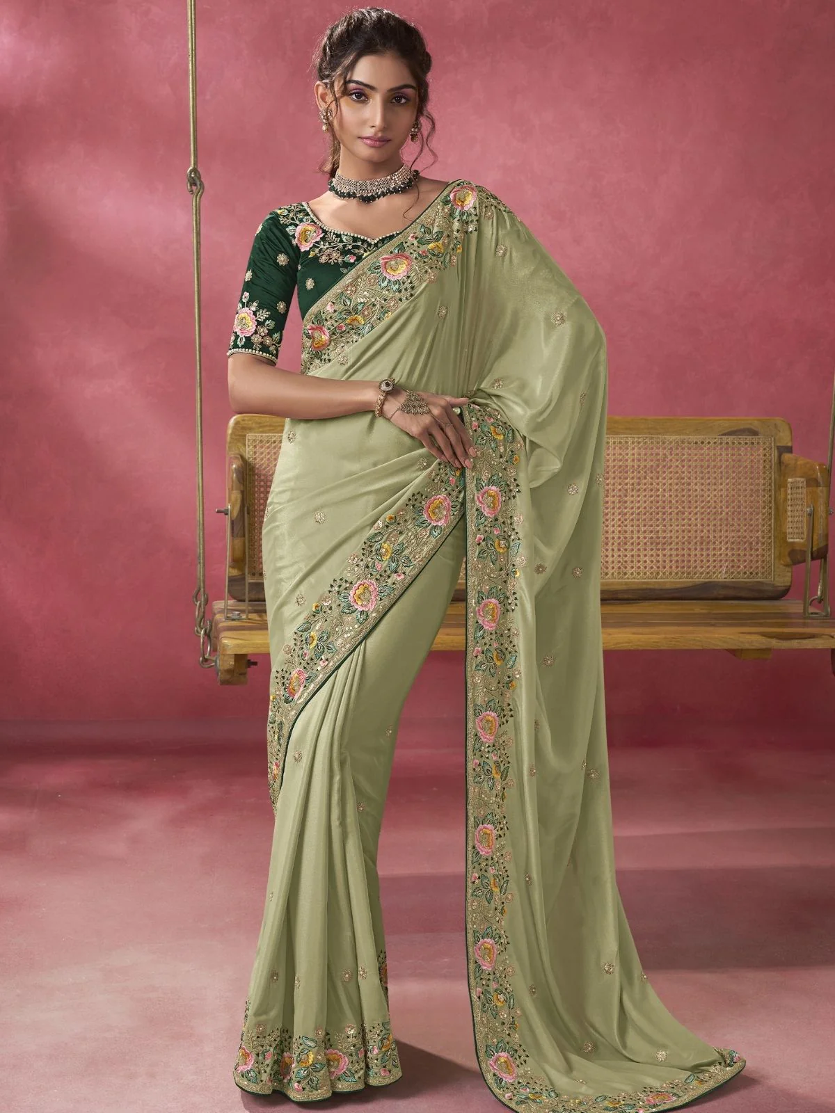 Odette Light Green Georgette Embroidered Elegant Saree For Women