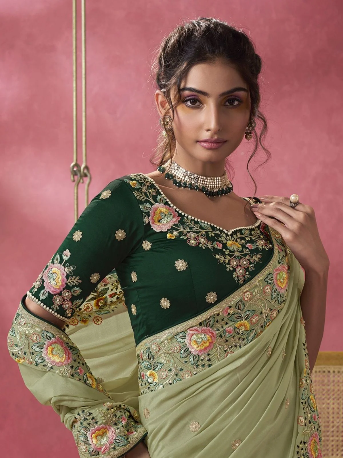 Odette Light Green Georgette Embroidered Elegant Saree For Women - Image 2