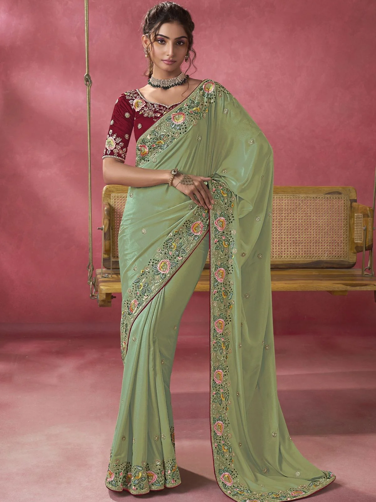 Odette Light Green Georgette Embroidered Elegant Saree For Women