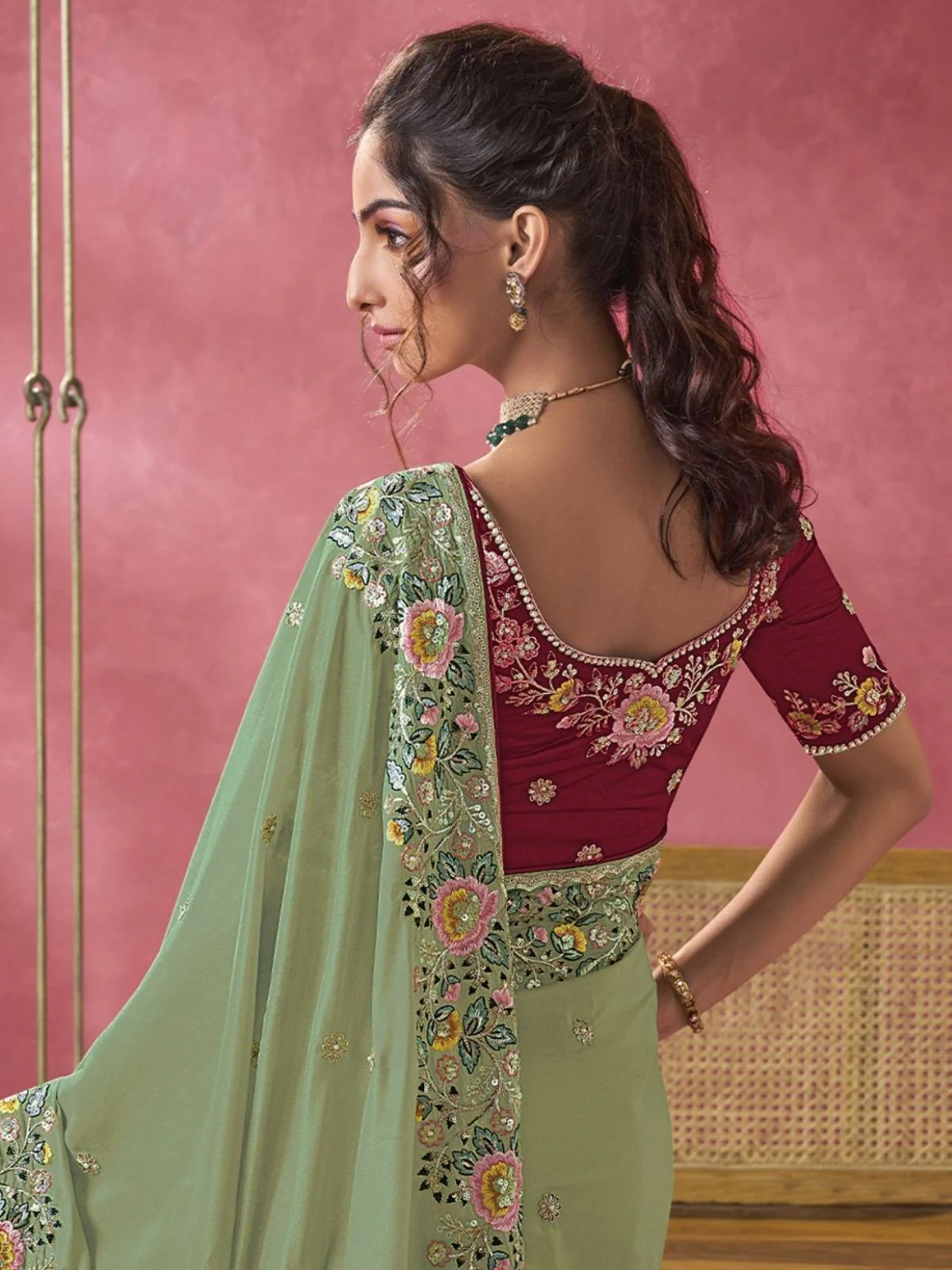 Odette Light Green Georgette Embroidered Elegant Saree For Women - Image 3