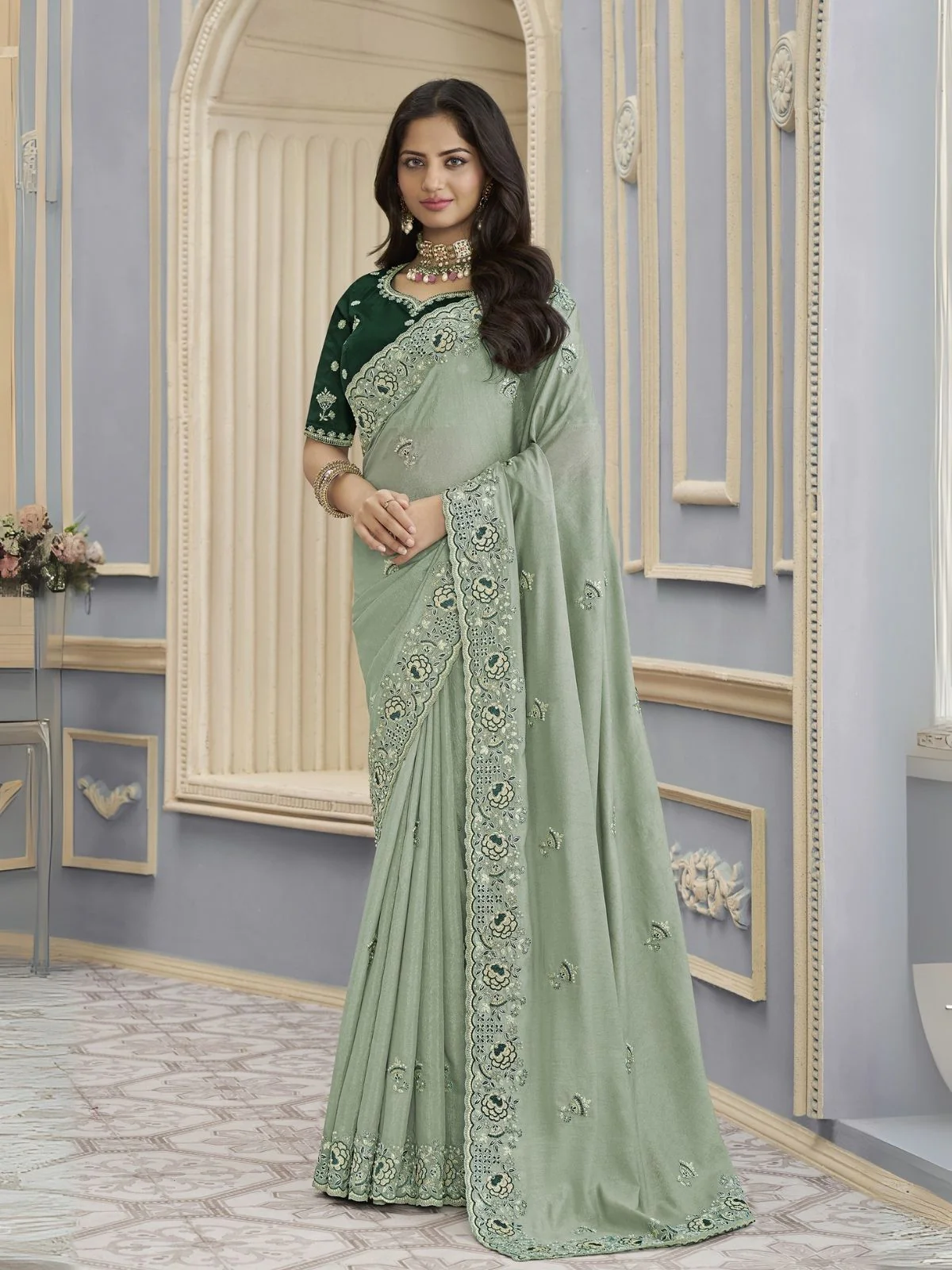 Odette Light Green Georgette Embroidered Elegant Saree For Women